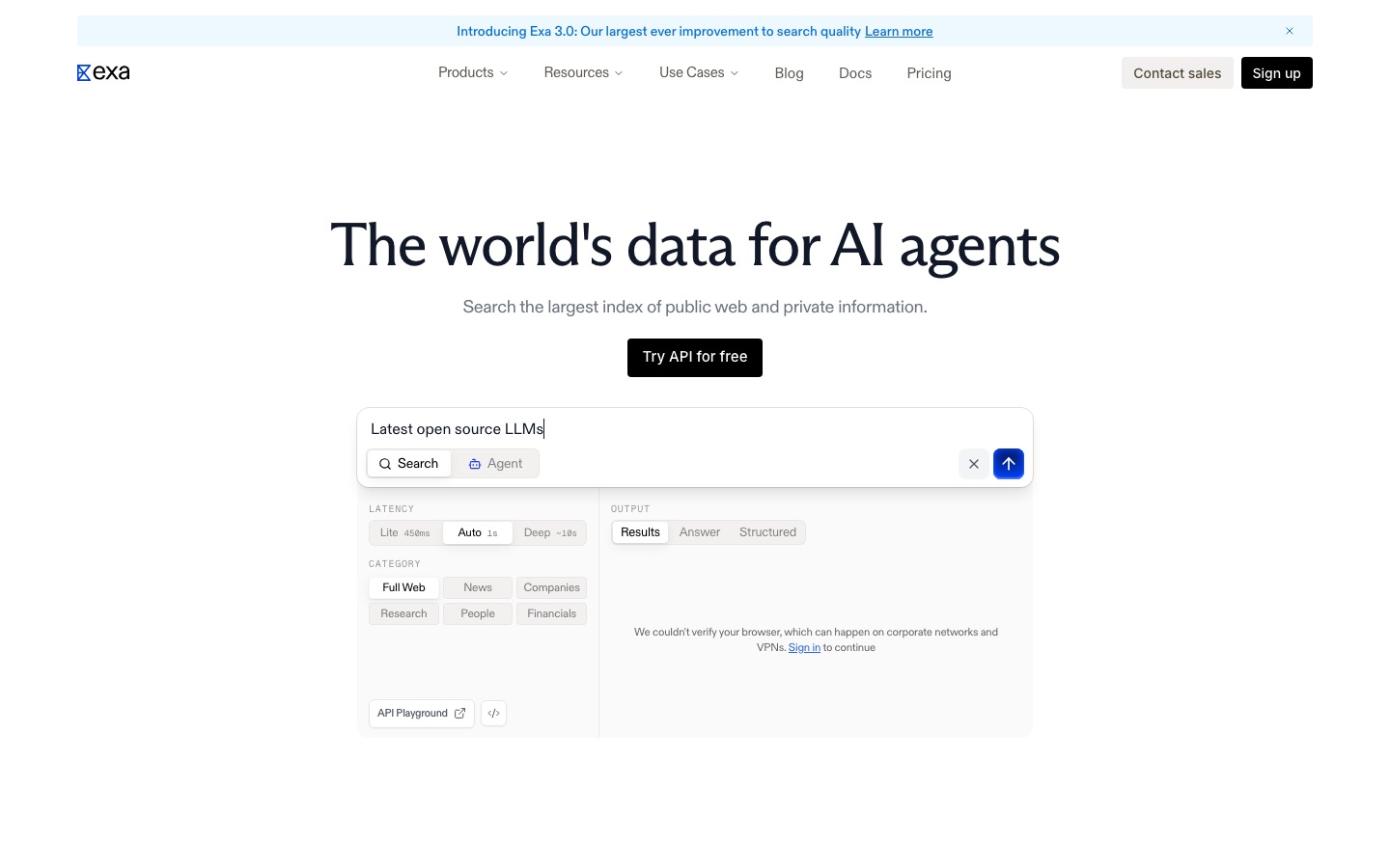 Exa homepage screenshot