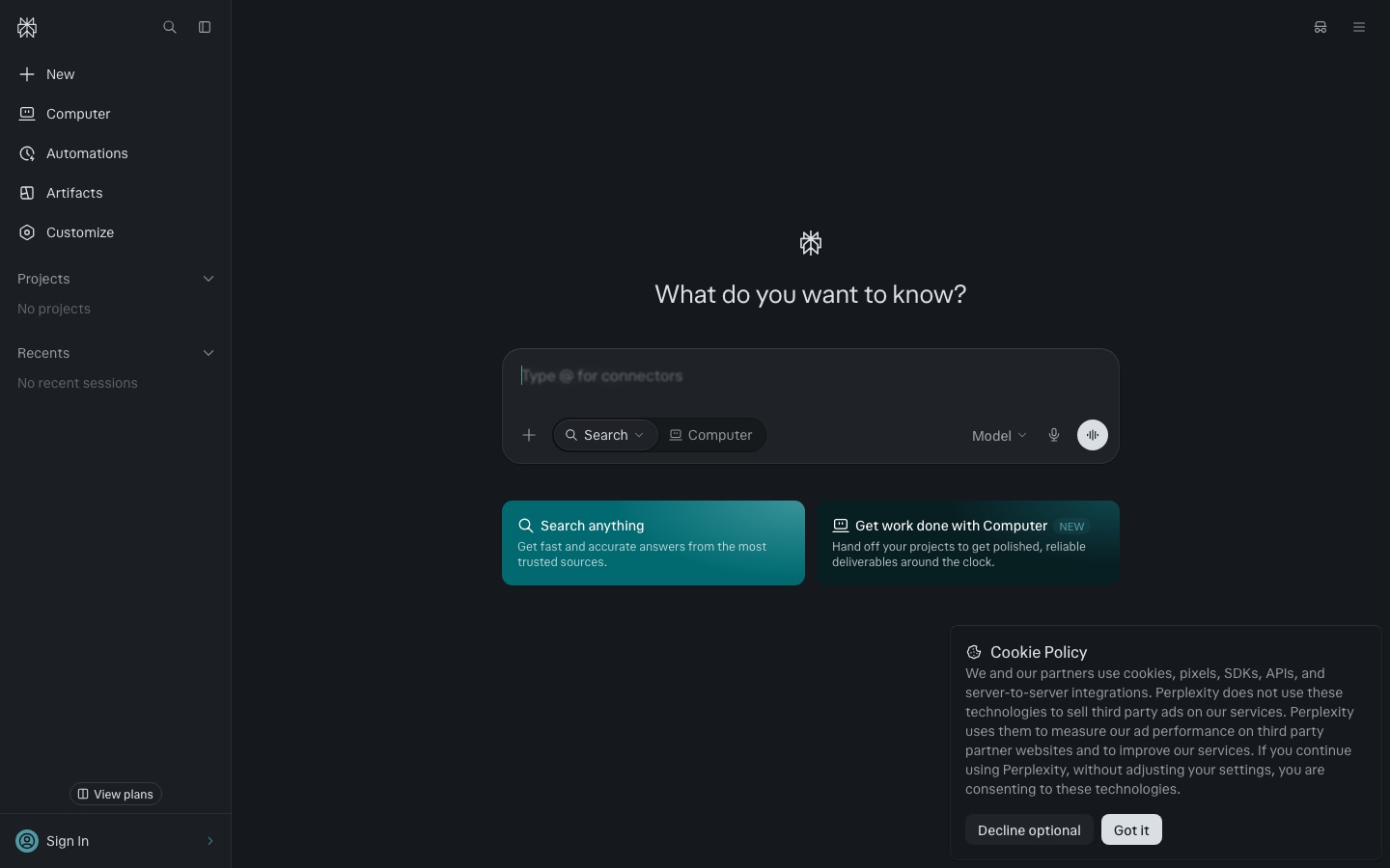 Perplexity homepage screenshot