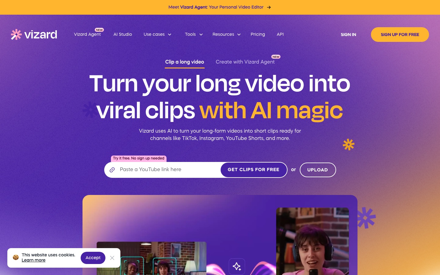 Vizard homepage screenshot