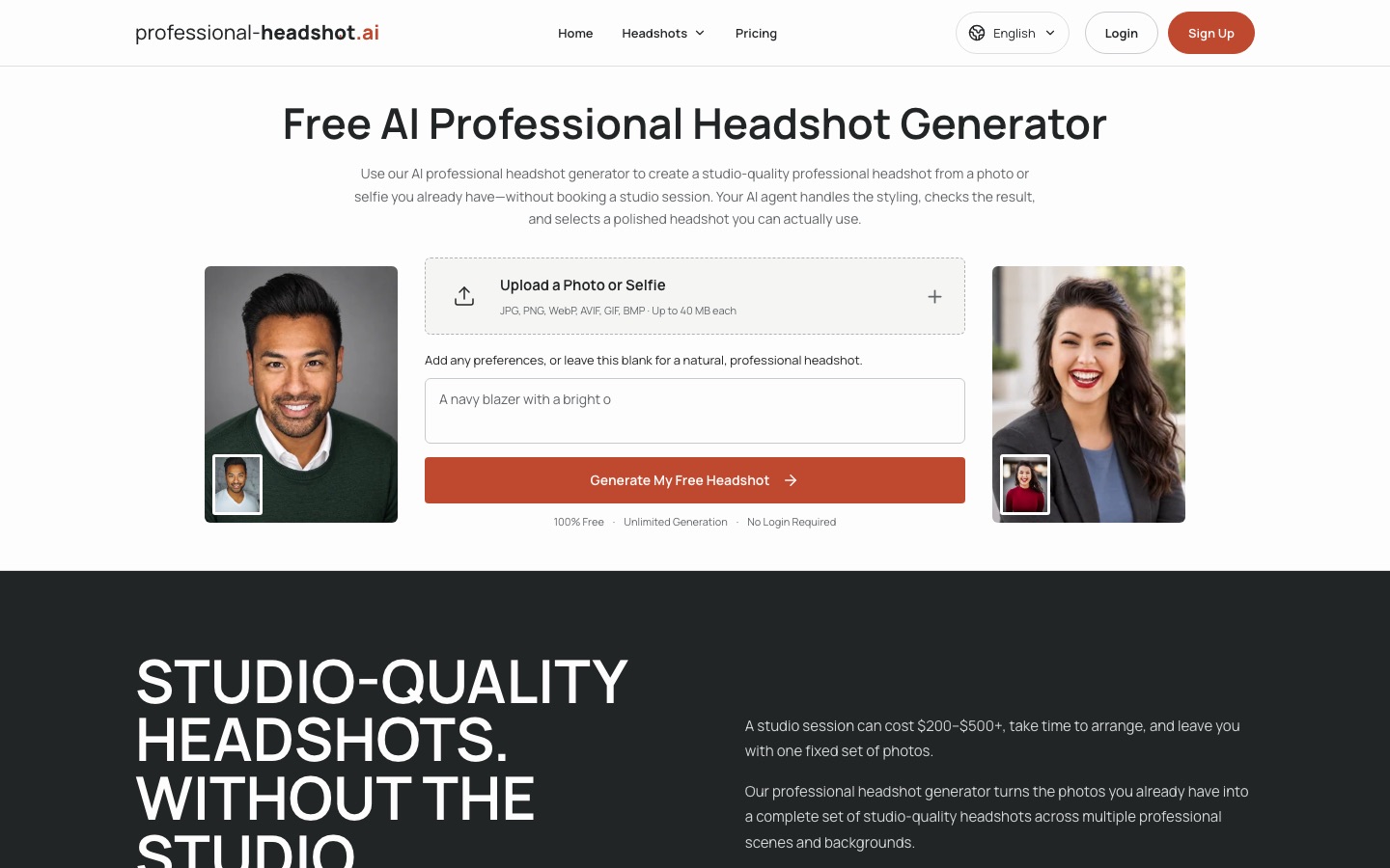 Professional-Headshot.ai homepage screenshot