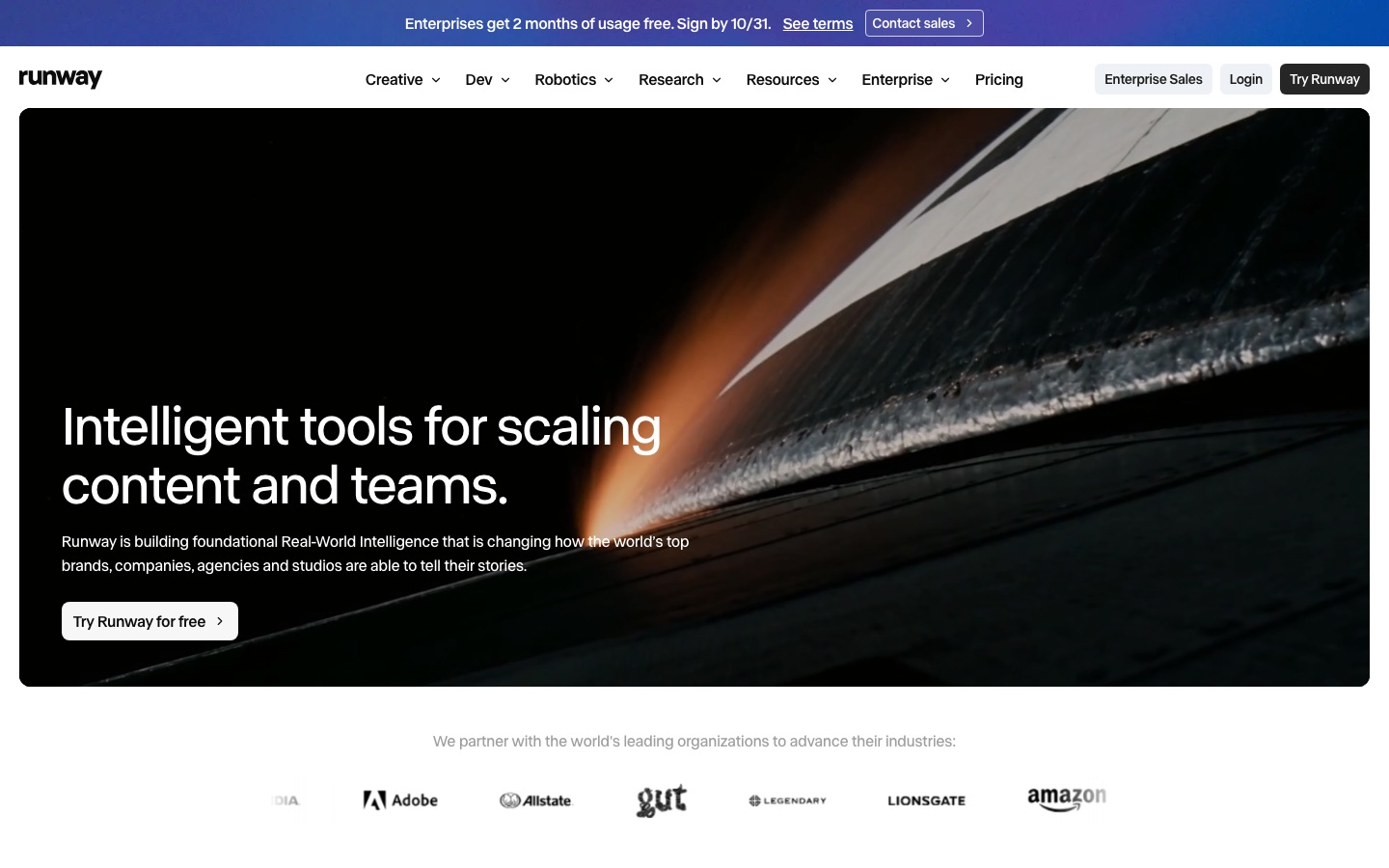 Runway homepage screenshot
