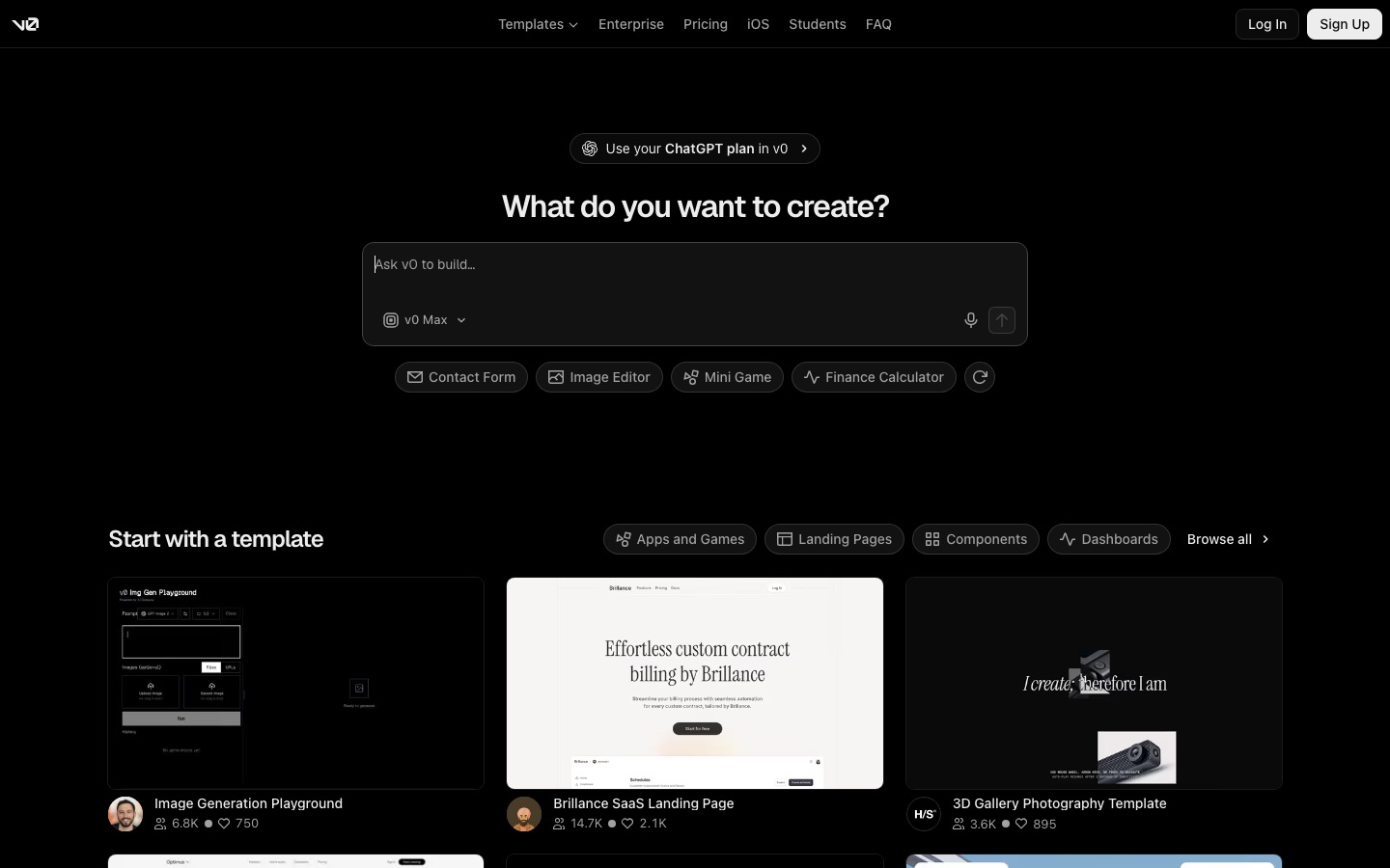 v0 by Vercel homepage screenshot