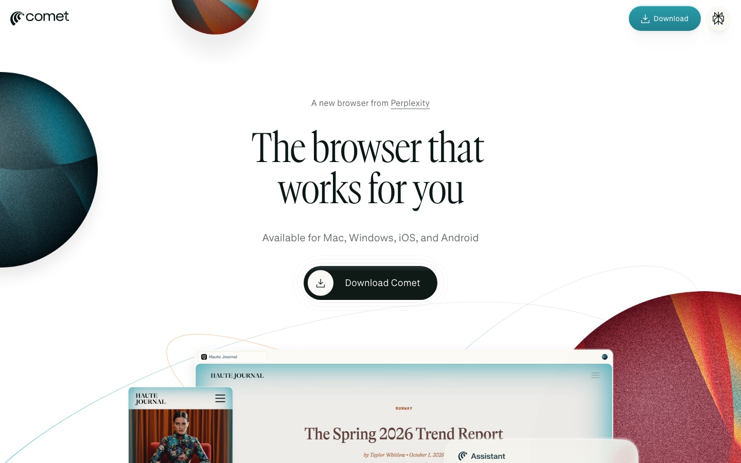 Comet Browser homepage screenshot